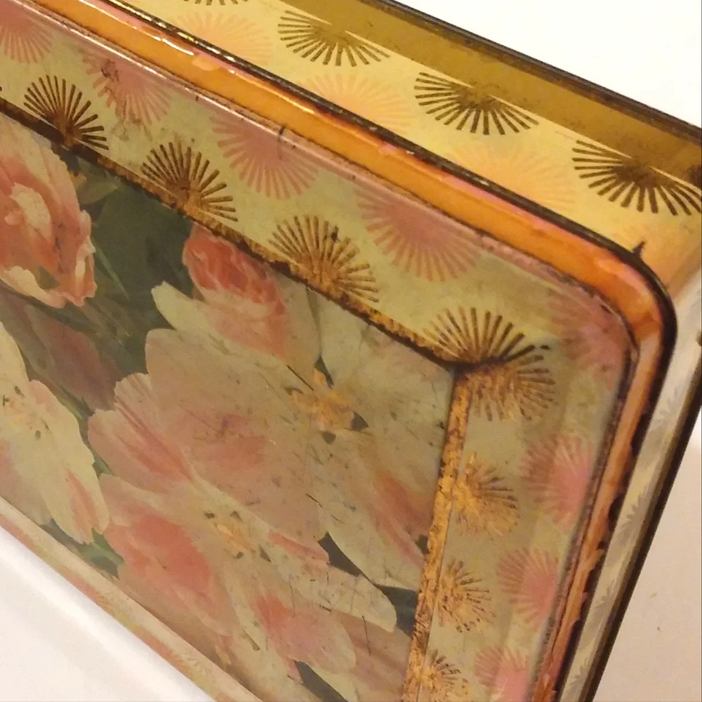 Vintage Floral Tin Box with Pink and Gold Design